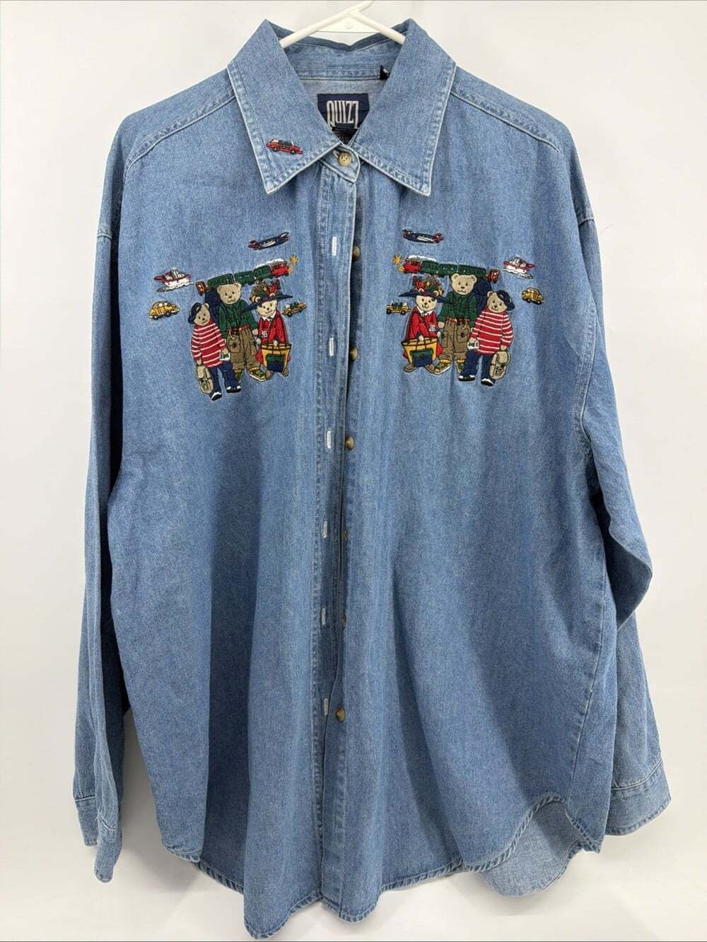 VTG 90s Quizz Denim Button down Shirt 22 Teddy Bear Planes Trains & Automobiles